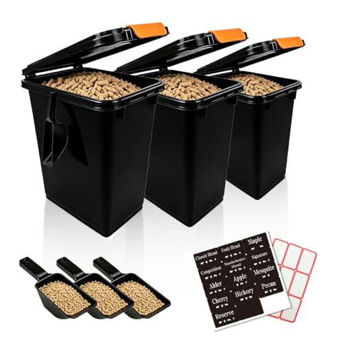3 pcs 20L Pellet Storage Bin Set,Black Wood Pellet Storage Containers,Pellet Bucket is Suitable for Storing Barbecue Supplies, Fertilizer, and Charcoal