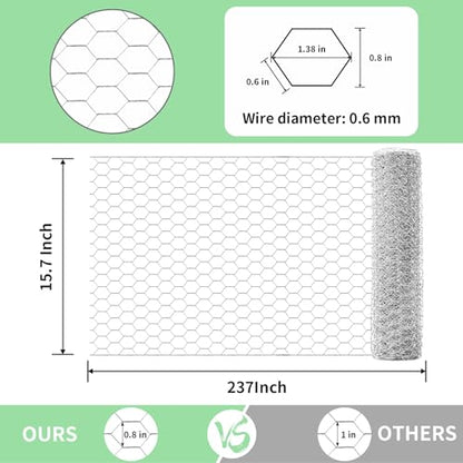 Chicken Wire 15.7 in x 237 in Poultry Wire Netting Hexagonal Galvanized Mesh Garden Fence Barrier for Pet Rabbit Chicken Fencing with 100 Pcs Cable Zip Ties - color: Silver, size: 15.7"x237"+100Ties