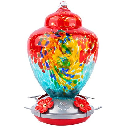 REZIPO Hummingbird Feeder with Perch - Hand Blown Glass - 38 Fluid Ounces Hummingbird Nectar Capacity Include Hanging Wires and Moat Hook (Half Red) - color: Half Red
