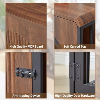 87" Extra Large Dog Crate TV Stand for 2 Dogs, Double Dog Crate with Removable Divider, Heavy Duty Wooden Dog Kennel with Arched Metal Doors & 4.3" Robot Vacuum Clearance, Ships in 2 Boxes (Walnut) - color: Walnut