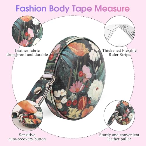 Retractable Mini Tape Measure, Auto-Retract, Premium Leather Tape Measure, Dual-Sided Ruler, Ideal for Fabric Cutting, Body Measurements, and Handicrafts (Black Flowers) - color: Black Flowers