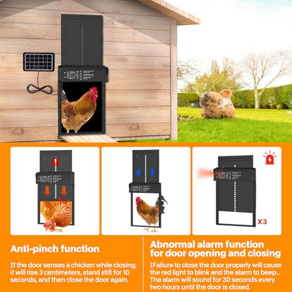Automatic Chicken Coop Door,Solar Chicken Coop Door with Remote Control, LCD Display Automatic Chicken Door Function with Timer, Light Sensor, Anti-Pinch,Made of Aluminum Alloy and ABS