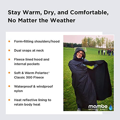 Mambe Extra Large Tall Extreme Weather Hooded Blanket Navy and Charcoal - 100% Waterproof and Windproof with Premium Stuff Sack - Stadiums and Watching Sports Activities - Machine Washable Fleece - color: Navy-charcoal, size: Extra Large Tall