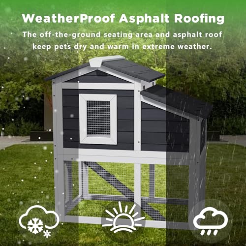 Wooden Rabbit Hutch Indoor,2 Story Bunny House All Weather Use Chicken Duck Coop Small Animal Run Cage with Removable Tray Wire Fence Lockable Doors and Ramp (White) - color: White