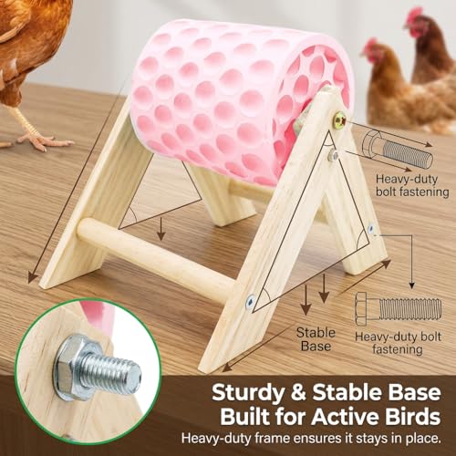 Hens Coop Accessories, Pink Beak Grinding Calcium Stone with Wooden Stand for Chicken Toys, Healthy Pecking Toy for Birds Ducks Geese Turkeys in Backyard