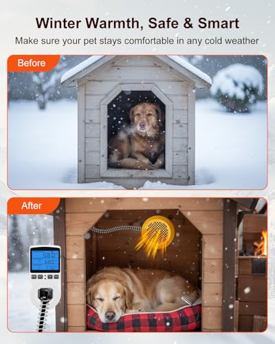 400W/800W Dog House Heater with Thermostat, Smart Temperature Control & 24H Timer Pet House Heating, Overheat Protection & Chew Proof Cord for Winter, Wall-Mounted Heater for Kennel Cat Chicken Coop