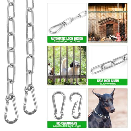 2 Pack Outdoor Gate Chain Lock with 4 Carabiners, Adjustable 5/32 x 28 Inch Security Gate Latch Chain, One Handed Operate Gate Chain for Fence Garden Yard Farm Barn, Silver