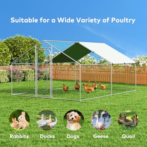 Large Metal Chicken Coop with Waterproof and UV-Resistant Cover,Chicken Run Outdoor Walk-in Cage Rabbit Duck Hen House for Backyard Farm Use, Spire Roof(10’ W x 13.2’ L x 6.4’ H) - size: 13x9.9Ft-Spire