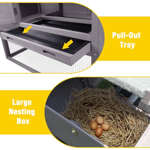 Aivituvin Chicken Coop for 2-4 Chickens with Wheels Outdoor Chicken House Mobile Large Poultry Cage Pull Out Tray No Leakage - color: Grey