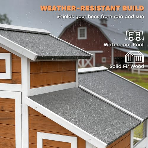 PawHut 79" L Chicken Coop for 6 Chickens Outdoor Wooden Hen House Poultry Cage with Run, 2 Nesting Boxes, Slide-Out Tray, Sliding Rod Door, Roosting Bar, Waterproof Asphalt Roof, Orange