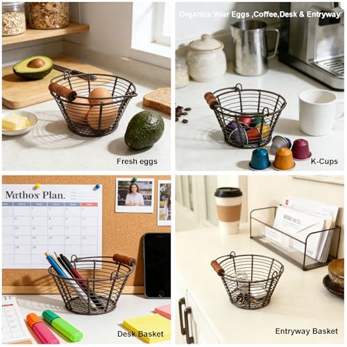 Mini Wire Egg Basket for Gathering Fresh Eggs with Lay-Flat Handle, Small Easter Hunts and Chicken Egg Collecting Basket 2 Pack, Farmhouse Rustic Kitchen Countertop Storage