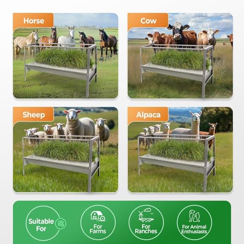 Pasture Hay Feeder 2 in 1 55 Gallon Livestock Feed Trough with 22 | Gallon Feed Pan Hay Grain Livestock Feeder for Sheep, Calf, Cow and Horse - color: Silvery