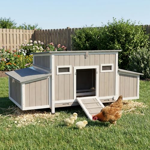 Chicken Coop Waterproof Asphalt Roof Predator-Proof Wooden Hen House for 2–4 Chickens Easy Clean Slide-Out Tray L-Shaped Metal Reinforced Outdoor Coop with Nesting Box Ramp (Cage Run Not Included) - color: Grey, size: 62.2"L x 22.8"W x 28.5"H