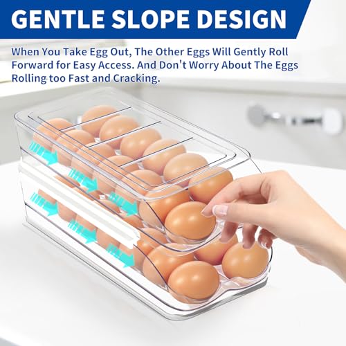 MesRosa Egg Holder for Fridge, Automatic Rolling Egg Organizer for Refrigerator, Clear Plastic Egg Container & Tray, Stackable Dispenser and Storage Bin with Sturdy Lid to Saving Space -3 Layer - size: 3 Layer Holder 42 Eggs