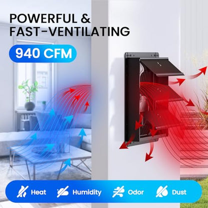 12" Wall Mounted Shutter Exhaust Fan, Attic Fan with Thermostat Humidity Controller, 10-Speed Adjustable, 940 CFM, Automatic Shutter, Vent Fan for Greenhouses, Garages,Shop, Chicken Coops