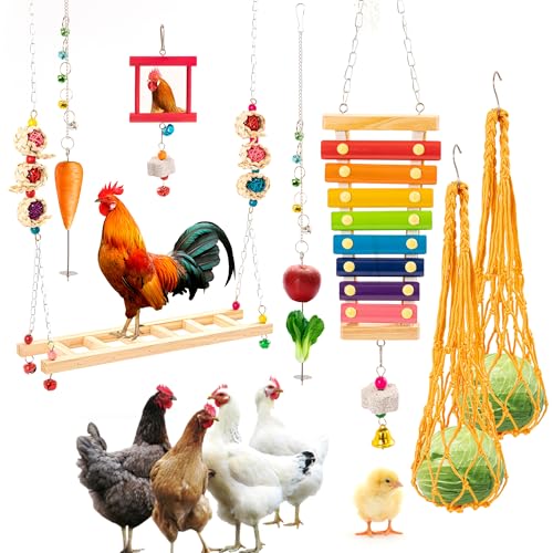9PCS Chicken Toys for Coop, Chicken Xylophone Toy, Swing Mirror Chewing Toys for Hens Vegetable Hanging Feeder, Beak Grinding Calcium Stones with Bells Cage Toy for Cockatiel Parakeet Parrot Budgies - color: 9 PCS