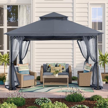 MASTERCANOPY Outdoor Patio Gazebo with Double Roofs, Stable Steel Frame and Mosquito Netting (11x11,Dark Gray) - color: Dark Gray, size: 11x11