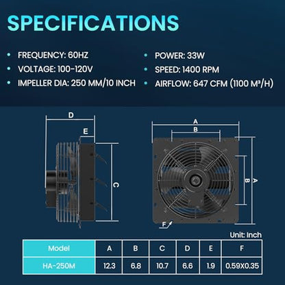 HG Power Upgraded 10 Inch Shutter Exhaust Fan with Speed Controller, 647CFM High-Speed Vent Fan with Mesh Screen, 1400RPM Wall Mounted Attic Fan for Shed, Garage, Greenhouse Ventilation, Black - size: 10 Inch w/ Speed Controller