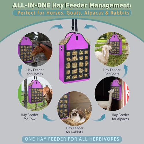 2 Pack Purple Slow Feed Hay Bags for Horses Goats Rabbits Donkeys,Heavy Duty Oxford Hay Feeder with Front Hay Net Design, Easy Fill Hanging Forage Bag (Premium Animal Feeding Solution)