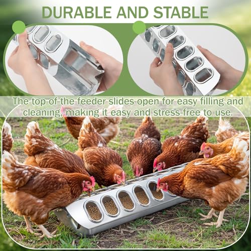 Potchen 2 Pcs Slide-top Poultry Feeder Durable Galvanized Metal Chicken Feeder Trough with Removable Top Trough Multi-Hole Tray for Pigeon Quails Duckling Birds Duck Chicken(20 Inch) - size: 20 Inch