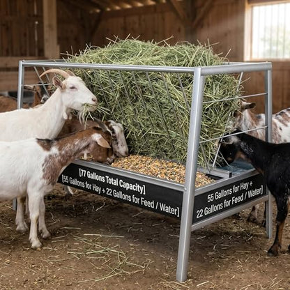 Hay Feeder, 77 Gallon Stainless Steel Goat Feeder for Goats Sheep Calves Horses, Anti-Waste Goat Feeder with Rubber Trough Livestock Feeder