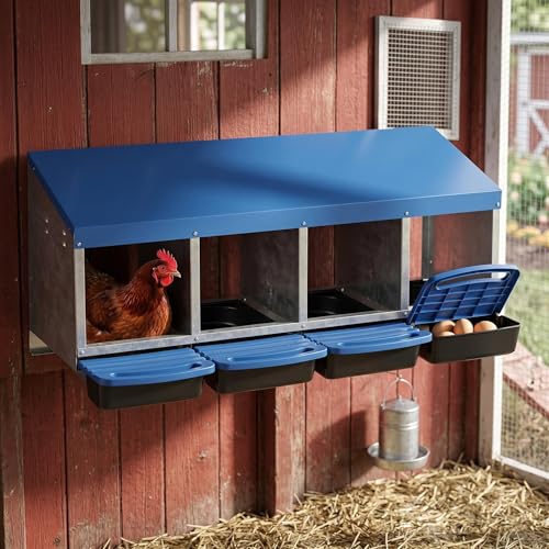 Metal Chicken Nesting Box - Heavy Duty Roll Away Nesting Boxes for Chickens Coop with Easy-Collect Tray & Lid, 4 Hole Galvanized Steel Egg Laying Boxes for Hens Ducks, Wall Mount or Freestanding - color: Blue, size: 4 Holes