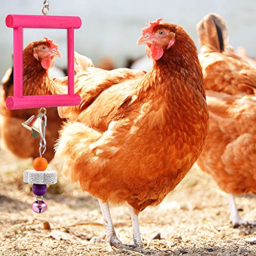 Sumind 2 Pieces Chicken Mirror Toys Hanging Swing Mirror with Bell Wooden Pecking Toy and 4 Pieces Beak Grinding Molar Stones for Hens Birds Parrots - color: Rose Red,Yellow