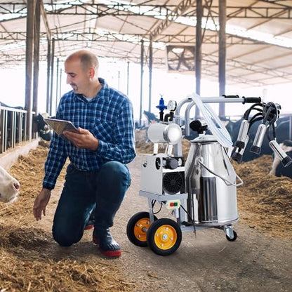 Electric Milking Machine for Cows, Farm Bucket Milker, Automatic Pulsation Vacuum Milker Machine with 25 L 304 Stainless Steel Bucket, Silicone Hose, Cleaning Brush