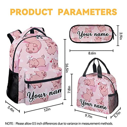 Personalized Pig Backpack with Lunch Box and Pencil Case, 16 Inch Cute Pig Bookbag Durable, Lightweight, Large Capacity, Funny Animal Backpack for School Girls Kids Women - color: Style-3-3