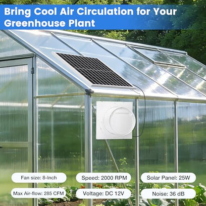 Fanspex Solar Exhaust Fan, Solar Powered Vent Fan Kit for Outside Greenhouse Shed Chicken Coop (8" Fan) - size: 8" Fan