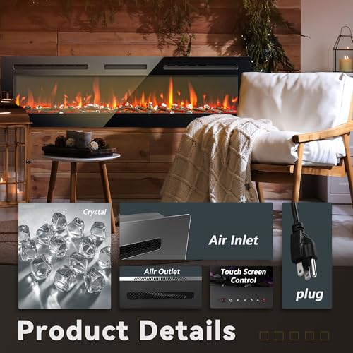 EUHOMY 60 Inch Electric Fireplace Wall Recessed and Wall Mounted with Adjustable Flame Color, Fireplace Heater with Remote Control, Linear Fireplace with Timer, Touch Screen, Log & Crystal, 750/1500W - size: 60 Inch