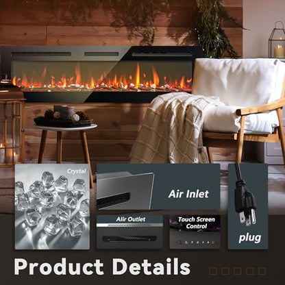 EUHOMY 60 Inch Electric Fireplace Wall Recessed and Wall Mounted with Adjustable Flame Color, Fireplace Heater with Remote Control, Linear Fireplace with Timer, Touch Screen, Log & Crystal, 750/1500W - size: 60 Inch