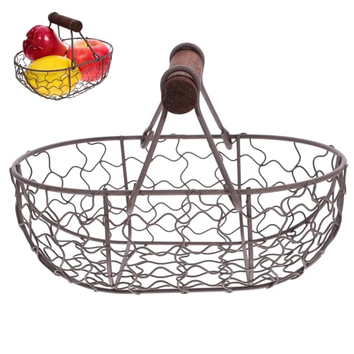 1pc Creative Retro Wire Egg Basket with Handle, Wire Egg Basket with Wood Handle, Large Storage Holder for Fresh Chicken Eggs, Vintage Style Countertop Organizer, Ideal for Farmhouse Kitchen - size: Grayish Black
