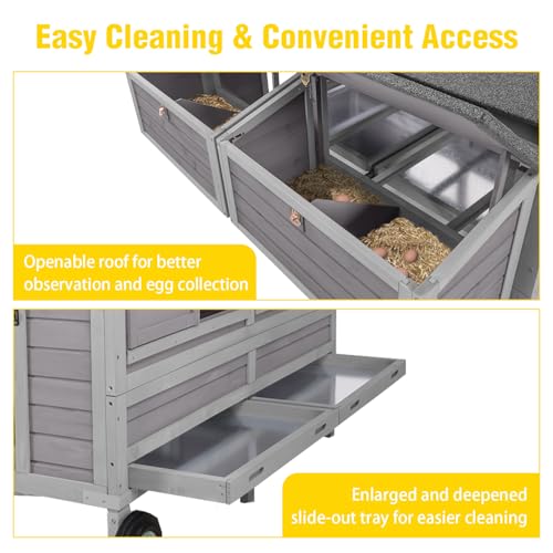 Aivituvin Chicken Coop Mobile Outdoor Hen House with Large Wheels Durable Wooden Poultry Cage with 2 Nesting Box for 3-8 Chickens 68.1’’ (68.11'' × 53.94'' × 49.02'') - size: 68.11"L x 53.94"W x 49.02"H