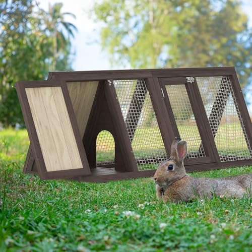 Rabbit Hutch, Small Chicken Coop Outdoor A-Frame Quail Cage with 2 Door & Run Cage Wooden Triangle Quail Hutch with Ventilating Wire Poultry Hutch for Small Animal (Brown) - color: Brown