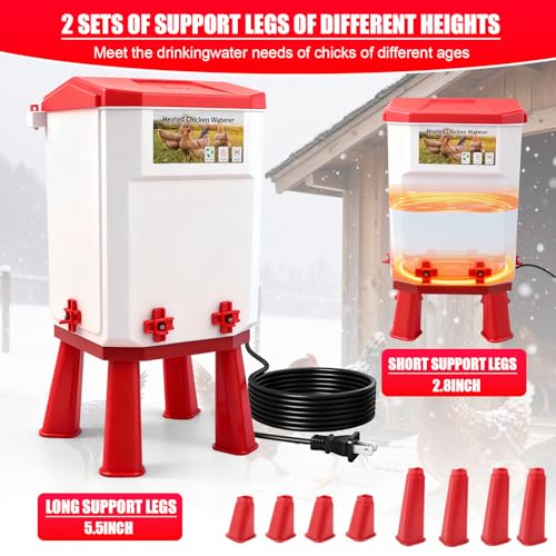 3 Gallon Heated Chicken Waterer for Winter Automatic Chicken Water Heater,Adsjustable Height Anti-Freezing Poultry Watering System with Thermostatic Control,Red,12.5 in x 8.3 inch x 8.3 in