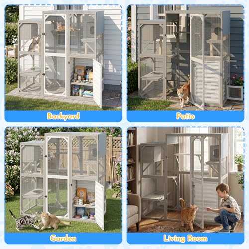 Ketive Catio Outdoor Cat Enclosure Large Walk-in Cat House with Storage Cabinet, Multi-Level Platforms with 2 Cat Trees, Roll-Up Roof for Multiple Cats, Backyard Patio Garden - size: 65.0"L x 29.5"W x 67.1"H
