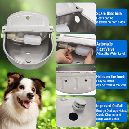 Automatic Livestock Water Bowl Float Valve Self-Filling Dog Goat Chicken | 304 Stainless Steel Animal Waterer Auto Refill, Horse Pig Cow Sheep Cat, Drainage, 3/4" GHT Hose & Mounting Bolts, Farm Ranch