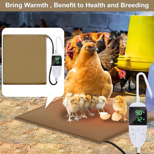 Chicken Heating Pad Chick Brooder Pad Poultry Heated Mat Adjustable Digital Thermostat Brood Heater Warming Blanket with Timer Anti Bite Wire Warmer Bed for Small Animal Pet 15.7 x 23.6 inch - color: Brown, size: 23.6"L x 15.7"W x 0.5"H