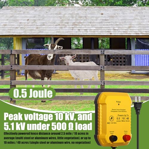 MorningRo Electric Wire Fence Kit, 10 Mile 110vac 0.5 J Plug in Fence Charger with 3366 ft Polywire, 40 T Post Insulators, 20 Screw in Insulators for Pasture Farm Horse Cattle Poultry Fencing - size: 3366FT, style: 0.5J