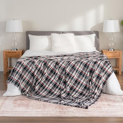 Berkshire Blanket-Classic Heavyweight Warm Soft Printed VelvetLoft® Plush Blanket, King Size Soft Fuzzy Blanket for Couch Sofa Bed, Plaid Black Red, 90in x 108in - color: Plaid Black Red, size: King/Cal King