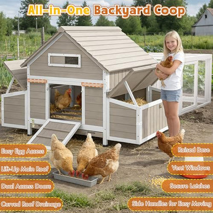 Ketive Large Chicken Coop with Run for 6–8 Chickens — Wooden Outdoor Hen House Chicken Hutch with 6 Nesting Boxes, Dual Ramp Doors, Slide-Out Tray, Curved Roof (118.3" L x 38" W x 40.2" H) - size: 118.3"L x 38.0"W x 40.2"H