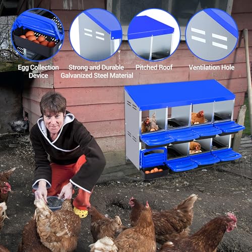 Chicken Nesting Box 8-Hole Roll Away Egg Laying Box with Lid, Galvanized Steel Rustproof Poultry Coop Box, Easy Clean, Wall Mountable No Bracket Needed for Hens, Blue - color: Blue, size: 8 holes