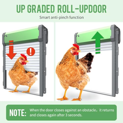 Automatic Solar Powered Chicken Coop Door with Light Sensor, Timer and Remote Control, Weatherproof Anti-Pinch Chicken Coop Rolling Shutter Door ﻿