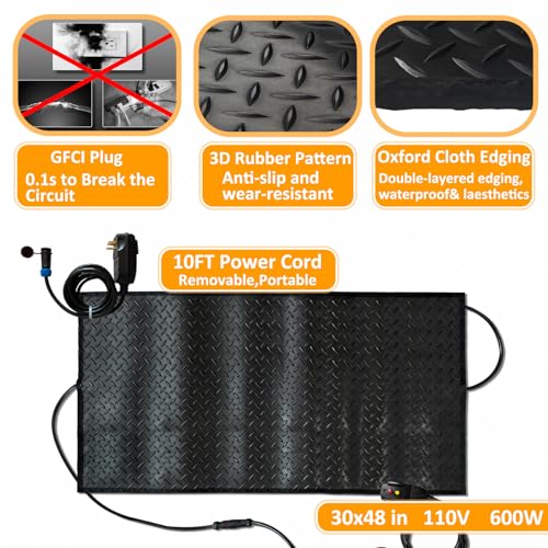 Snow Melting Mat, 30 x 48in Non-Slip Electric Heated Foot Mat, Heated Walkway Mat with Power Cord and Timming, Rubber Snow and Ice Heated Pad for Winter Outdoor Stairs, Sidewalks, Garages - size: 30'' x 48''