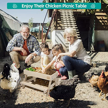 Chicken Picnic Table No Waste, Large Chicken Feeder Handmade Wooden, DIY Chicken Table Feeder Kit, Wild Bird, Duck & Squirrel Feeders No Mess, Mesh Bottom Keep Food Fresh and Dry Easy to Clean Fill - color: Natural Solid Wood