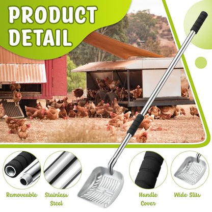 Willinglong 48 Inch Metal Chicken Coop Pooper Scooper (16 to 48 Inch) Long Handle Scooper with Detachable Stainless Steel Long Handle Gloves Accessory for Cleaning Chicken Coop(Silver) - color: Silver