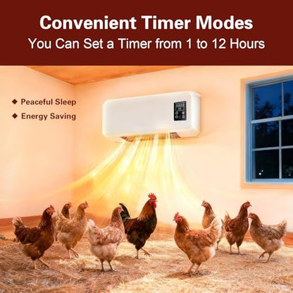 1500W Chicken Coop Heater for Winter，Wall-mounted 2-Mode Heater for Chicken Cages,5S Fast Heating & Adjustable Temperature (77~99℉)，Warm Stoves for Poultry and Pets in Winter