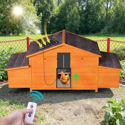 Chicken Coop with Automatic Solar-Powered Door and 2 Nesting Boxes, 68 x 25 x 35 Inch Timer & Light Sensor Outdoor Chicken House with Pull-Out Tray, Weatherproof Ventilated,