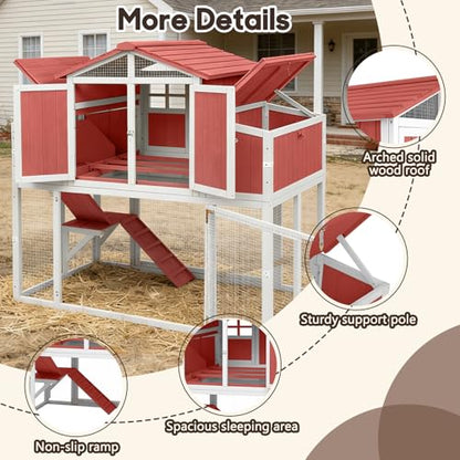 Large Wooden Chicken Coop for 2-6 Chickens, Outdoor Chicken House with 4 Nest Boxes, Hen House Poultry House Pet Hutch Chicken Cage with Waterproof Asphalt Roof, Ramp, Roosting Bars Red - color: Red